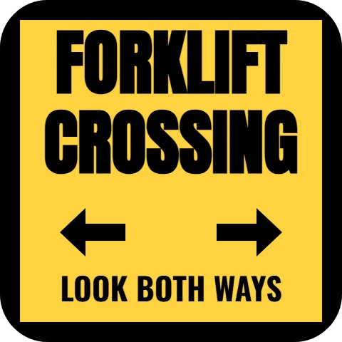 Floor graphic template, forklift crossing, reading "FORKLIFT", "CROSSING" and "LOOK BOTH WAYS", in yellow