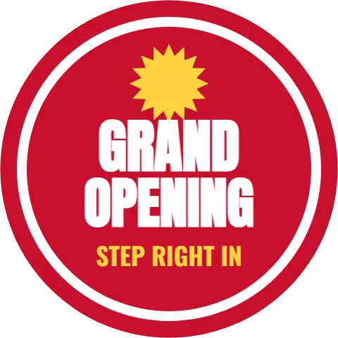Floor graphic template, grand opening dot, reading "GRAND", "OPENING" and "STEP RIGHT IN", in white and red