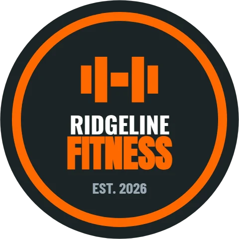 Floor graphic template, gym logo circle, reading "RIDGELINE", "FITNESS" and "EST. 2026", in orange and charcoal