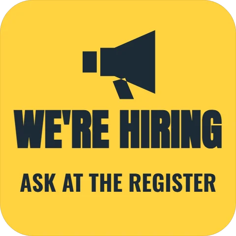 Floor graphic template, we are hiring, ask at the register, reading "WE'RE HIRING" and "ASK AT THE REGISTER", in yellow