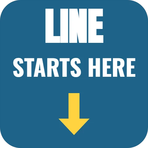 Floor graphic template, line starts here, reading "LINE" and "STARTS HERE", in steel blue