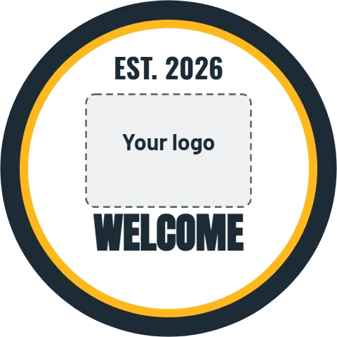 Floor graphic template, logo circle, reading "EST. 2026" and "WELCOME", in gold and navy, with a space for your logo
