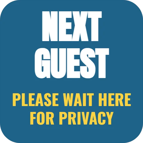 Floor graphic template, next guest, privacy line, reading "NEXT", "GUEST" and "FOR PRIVACY", in steel blue