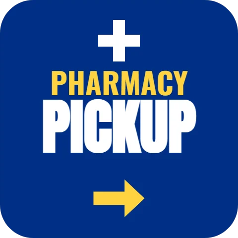 Floor graphic template, pharmacy pickup, reading "PHARMACY" and "PICKUP", in blue