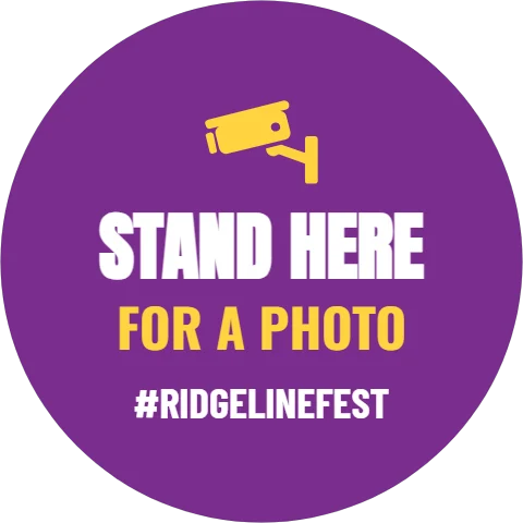 Floor graphic template, stand here for a photo, reading "STAND HERE", "FOR A PHOTO" and "#RIDGELINEFEST", in purple