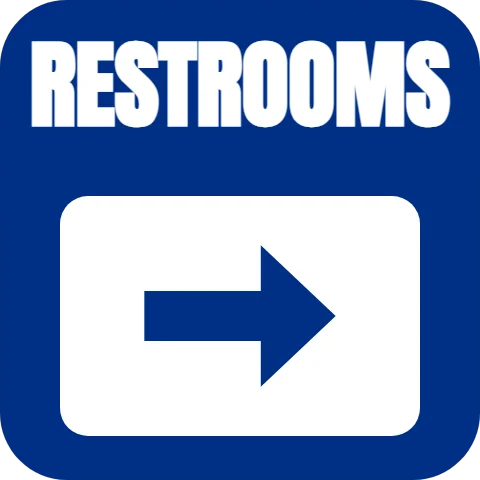 Floor graphic template, restrooms, reading "RESTROOMS", in white and blue