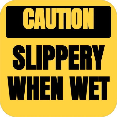 Floor graphic template, caution, slippery when wet, reading "CAUTION", "SLIPPERY" and "WHEN WET", in black and yellow