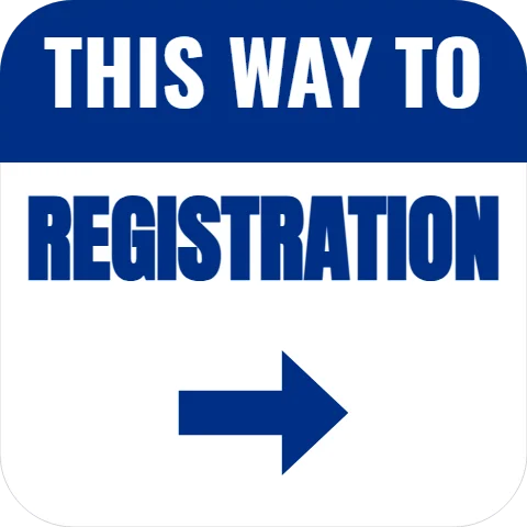 Floor graphic template, this way to, reading "THIS WAY TO" and "REGISTRATION", in blue and white