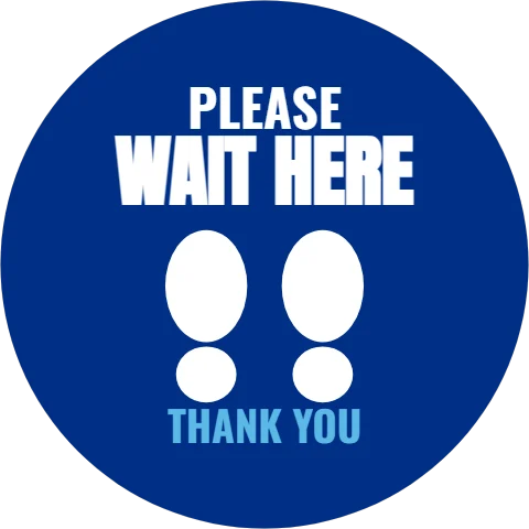 Floor graphic template, wait here, footprints, reading "PLEASE", "WAIT HERE" and "THANK YOU", in blue
