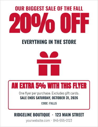 Flyer template, storewide sale, reading "OUR BIGGEST SALE OF THE FALL", "20% OFF" and "EVERYTHING IN THE STORE", in white