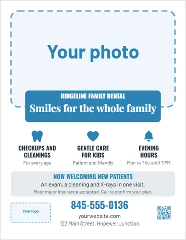 Flyer template, family dental office, reading "RIDGELINE FAMILY DENTAL", "Smiles for the whole family" and "845-555-0136", in white, with a space for your logo and a QR code