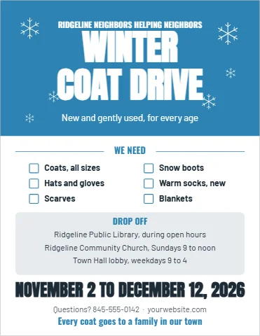 Flyer template, winter coat drive, reading "WINTER", "COAT DRIVE" and "NOVEMBER 2 TO DECEMBER 12, 2026", in blue and white