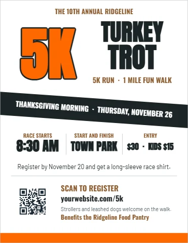 Flyer template, turkey trot 5K, reading "TURKEY", "5K" and "TROT", in white, with a QR code