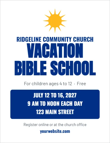 Flyer template, vacation Bible School, reading "RIDGELINE COMMUNITY CHURCH", "VACATION" and "BIBLE SCHOOL", in blue and white
