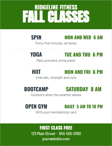 Flyer template, class schedule, reading "RIDGELINE FITNESS", "FALL CLASSES" and "SPIN", in green and white