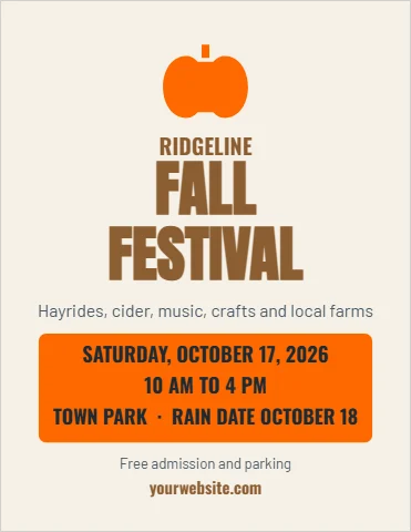 Flyer template, fall festival, reading "RIDGELINE", "FALL" and "FESTIVAL", in orange and cream