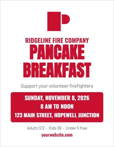 Flyer template, pancake breakfast fundraiser, reading "RIDGELINE FIRE COMPANY", "PANCAKE" and "BREAKFAST", in red and white