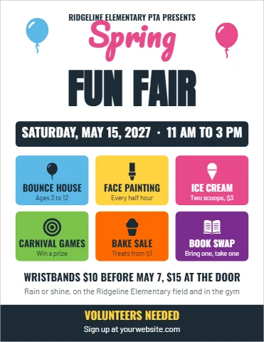 Flyer template, school spring fun fair, reading "Spring", "FUN FAIR" and "VOLUNTEERS NEEDED", in white