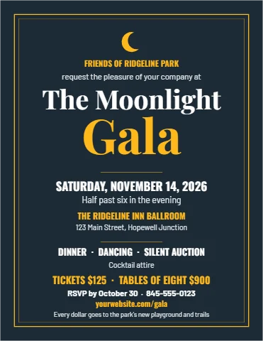 Flyer template, benefit gala, reading "The Moonlight", "Gala" and "SATURDAY, NOVEMBER 14, 2026", in navy