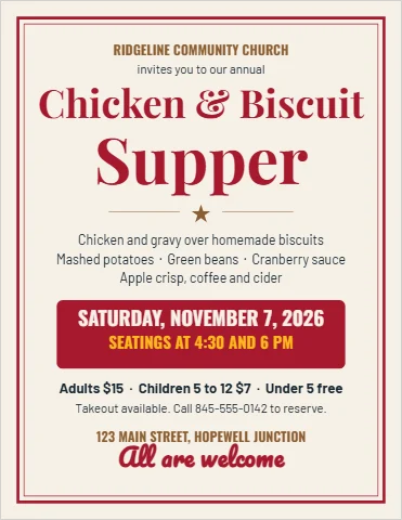 Flyer template, church supper, reading "Chicken & Biscuit", "Supper" and "All are welcome", in cream
