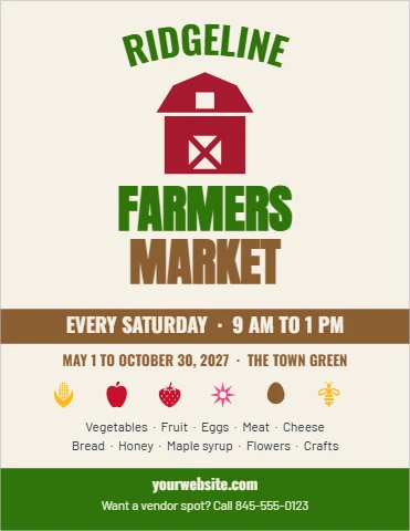 Flyer template, farmers market, reading "RIDGELINE", "FARMERS" and "MARKET", in cream