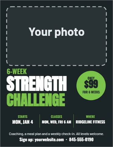 Flyer template, fitness challenge, reading "STRENGTH", "$99" and "CHALLENGE", in charcoal, with a space for your logo