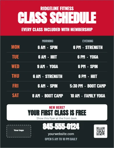 Flyer template, gym class schedule, reading "CLASS SCHEDULE", "YOUR FIRST CLASS IS FREE" and "845-555-0124", in red and charcoal, with a space for your logo and a QR code