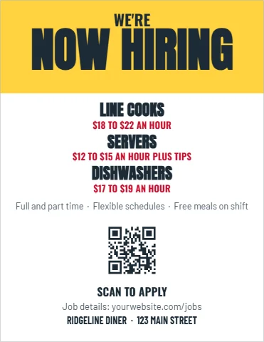 Flyer template, now hiring, kitchen and floor, reading "WE'RE", "NOW HIRING" and "LINE COOKS", in yellow and white, with a QR code