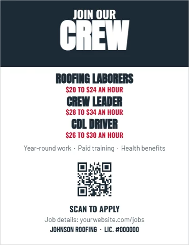 Flyer template, join our crew, reading "JOIN OUR", "CREW" and "ROOFING LABORERS", in navy and white, with a QR code
