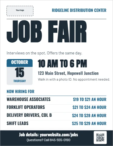 Flyer template, job fair, reading "JOB FAIR", "10 AM TO 6 PM" and "15", in white, with a space for your logo and a QR code