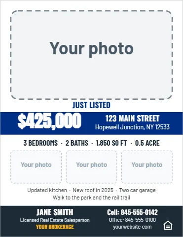 Flyer template, just listed sheet, reading "JUST LISTED", "$425,000" and "123 MAIN STREET", in navy and white, with a space for your logo