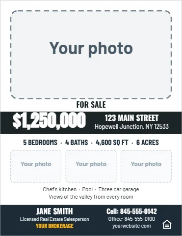 Flyer template, luxury listing sheet, reading "FOR SALE", "$1,250,000" and "123 MAIN STREET", in navy and white, with a space for your logo
