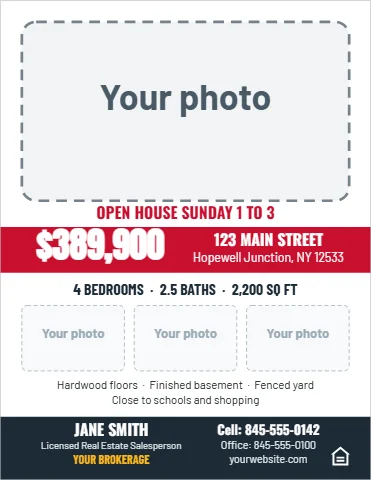 Flyer template, open house sheet, reading "OPEN HOUSE SUNDAY 1 TO 3", "$389,900" and "123 MAIN STREET", in navy and white, with a space for your logo
