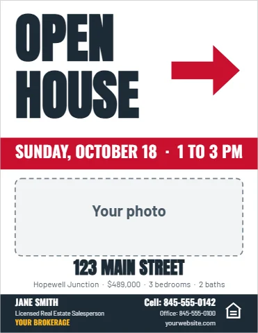 Flyer template, open house poster, reading "OPEN", "HOUSE" and "123 MAIN STREET", in white, with a space for your logo