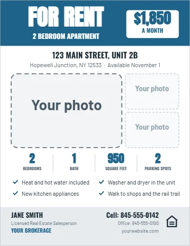Flyer template, apartment for rent, reading "FOR RENT", "$1,850" and "2", in steel blue and white, with a space for your logo
