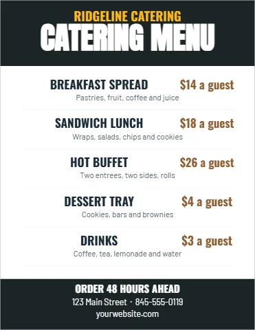 Flyer template, catering menu, reading "RIDGELINE CATERING", "CATERING MENU" and "BREAKFAST SPREAD", in charcoal and white