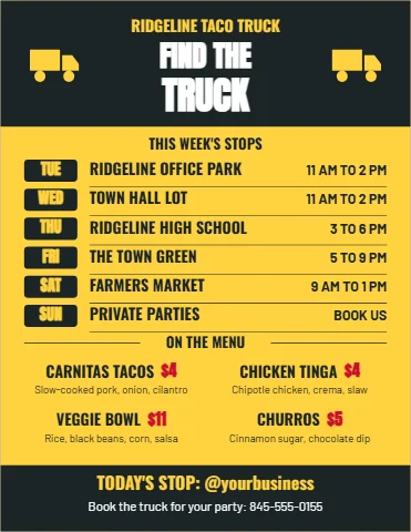 Flyer template, food truck schedule, reading "FIND THE", "TRUCK" and "TODAY'S STOP: @yourbusiness", in charcoal and yellow