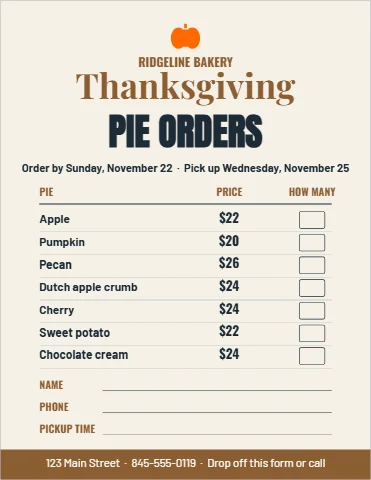 Flyer template, holiday pie order form, reading "Thanksgiving", "PIE ORDERS" and "$22", in cream