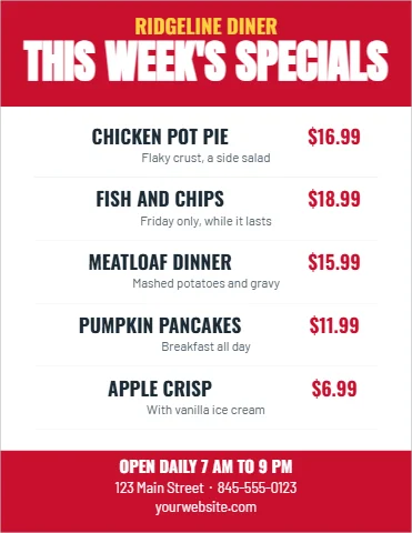 Flyer template, this week's specials, reading "RIDGELINE DINER", "THIS WEEK'S SPECIALS" and "CHICKEN POT PIE", in red and white