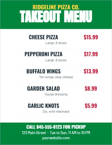 Flyer template, takeout menu, reading "RIDGELINE PIZZA CO.", "TAKEOUT MENU" and "CHEESE PIZZA", in green and white