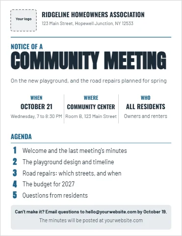 Flyer template, community meeting notice, reading "COMMUNITY MEETING", "1" and "2", in white, with a space for your logo