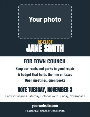 Flyer template, candidate flyer, reading "JANE SMITH", "FOR TOWN COUNCIL" and "VOTE TUESDAY, NOVEMBER 3", in navy and white, with a space for your logo