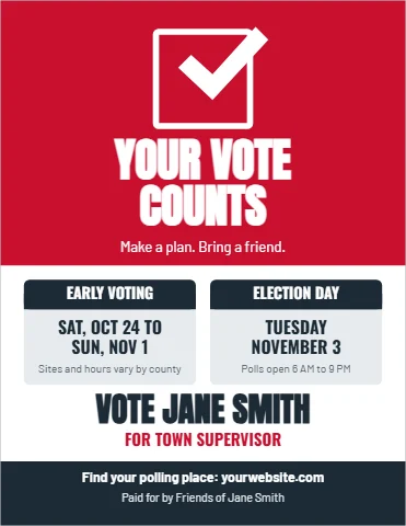 Flyer template, get out the vote, reading "YOUR VOTE", "COUNTS" and "VOTE JANE SMITH", in red and white