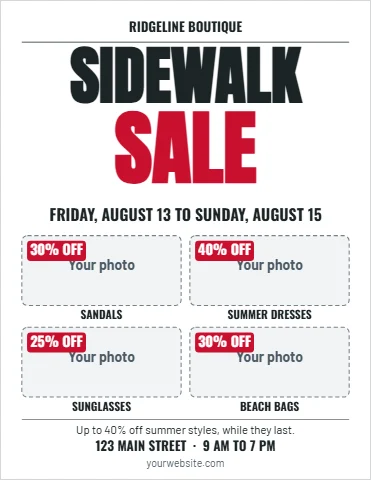 Flyer template, sidewalk sale, reading "SIDEWALK", "SALE" and "FRIDAY, AUGUST 13 TO SUNDAY,…", in white, with a space for your logo