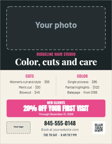 Flyer template, salon services and prices, reading "Color, cuts and care", "20% OFF YOUR FIRST VISIT" and "845-555-0148", in charcoal and cream, with a space for your logo and a QR code