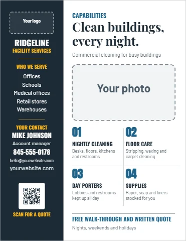 Flyer template, capabilities sheet, reading "Clean buildings,", "every night." and "02", in navy and white, with a space for your logo and a QR code
