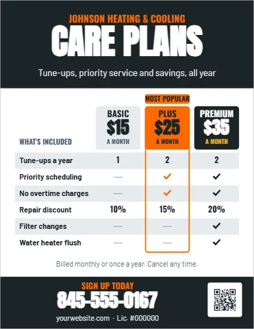 Flyer template, service plan comparison, reading "CARE PLANS", "$15" and "845-555-0167", in charcoal and white, with a QR code