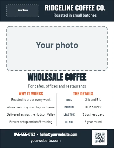 Flyer template, product sell sheet, reading "RIDGELINE COFFEE CO.", "Roasted in small batches" and "WHOLESALE COFFEE", in navy and white, with a space for your logo and a QR code