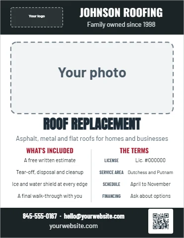 Flyer template, service company sell sheet, reading "JOHNSON ROOFING", "Family owned since 1998" and "ROOF REPLACEMENT", in charcoal and white, with a space for your logo and a QR code