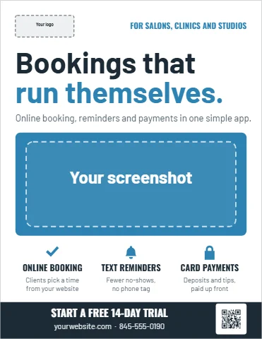 Flyer template, software one-pager, reading "Bookings that", "run themselves." and "START A FREE 14-DAY TRIAL", in blue and white, with a space for your logo and a QR code